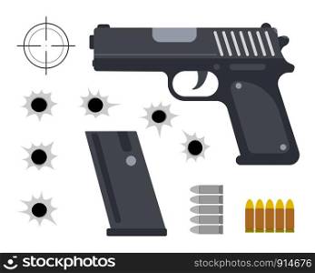 Vector illustration of gun with bullet set and bullet holes on white background.