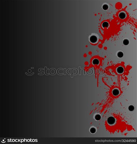 Vector illustration of gunshot holes in the wall with blood splatter stains.