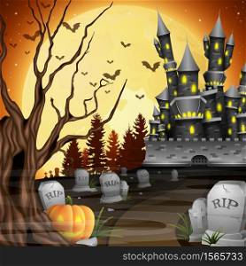 Vector illustration of Halloween background with castle and pumpkin in graveyard