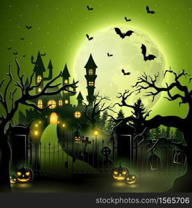 Vector illustration of Halloween background with castle and scary pumpkins