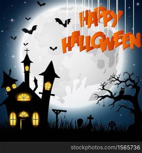 Vector illustration of Halloween background with church on the full moon