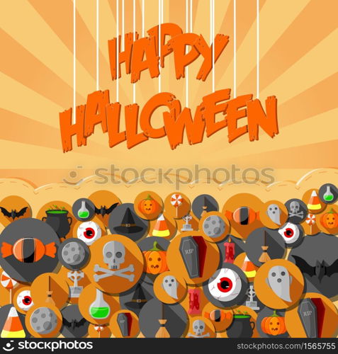 Vector illustration of Halloween banner with flat icons stickers on orange background