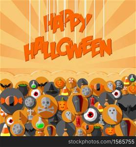 Vector illustration of Halloween banner with flat icons stickers on orange background