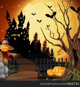 Vector illustration of Halloween night background with church and scary pumpkins