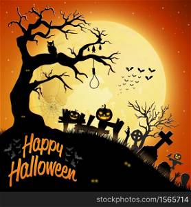 Vector illustration of Halloween night background with pumpkins