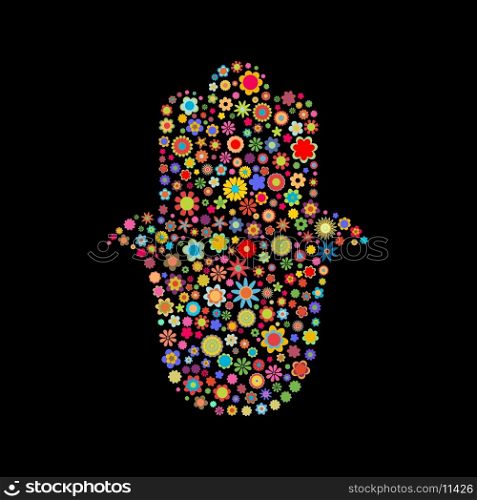 Vector illustration of hamsa shape made up a lot of multicolored small flowers on the black background