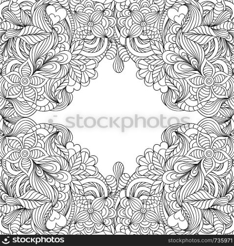 Vector illustration of hand drawn abstract floral frame.Coloring pae for adult.