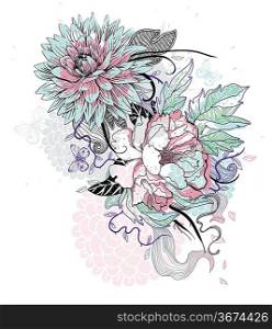 vector illustration of hand drawn blooming flowers