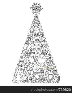 Vector illustration of hand drawn christmas tree.Coloring page for children and adult.. hand drawn christmas tree