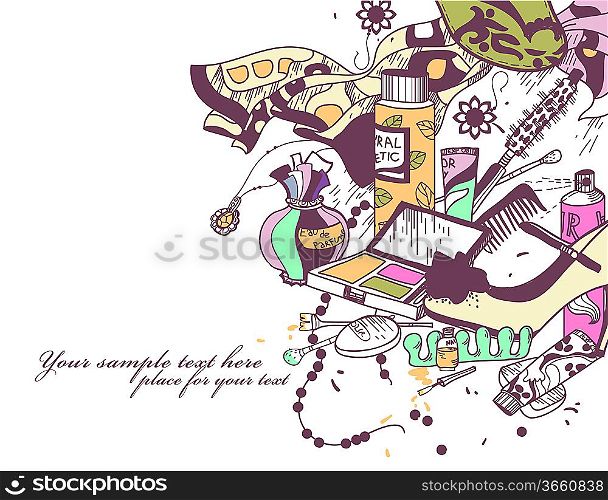 vector illustration of hand drawn cosmetics, shoes, accessories and other things for beauty
