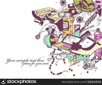 vector illustration of hand drawn cosmetics, shoes, accessories and other things for beauty
