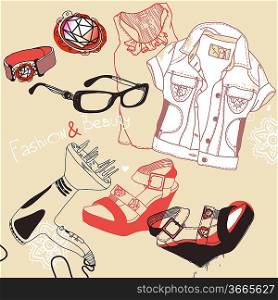 vector illustration of hand-drawn fashion cloth and shoes