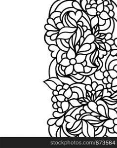 Vector illustration of hand drawn floral border on white background.Coloring page for children and adult.
