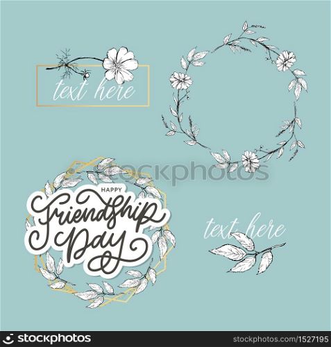 Vector illustration of hand drawn happy friendship day felicitation in fashion style with lettering text sign and color triangle for grunge effect isolated. Vector illustration of hand drawn happy friendship day felicitation in fashion style with lettering text sign and color triangle for grunge effect isolated on white background