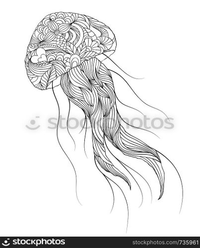 Vector illustration of hand drawn jellyfish on white background.Coloring page for adult.. jellyfish on white background