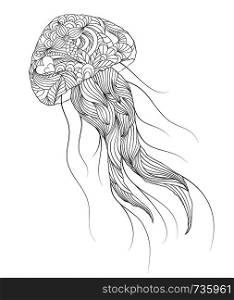Vector illustration of hand drawn jellyfish on white background.Coloring page for adult.. jellyfish on white background