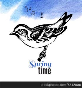 Vector illustration of hand drawn sketch bird. Spring time watercolor background