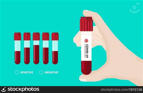 Vector illustration of hand holding corona virus (covid-19) test tube with sample of blood cells and serum in test tube. Positive and negative wording at bottom. Medical tests flat icon style.