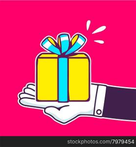 Vector illustration of hand holding yellow gift box with blue ribbon on red background. Hand draw line art design for web, site, advertising, banner, poster, board and print.