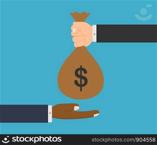 Vector illustration of hands businessman giving money bag to another person isolated on blue background
