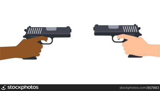 Vector illustration of hands hold and pointing two guns on white background