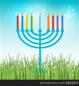 Vector illustration of hanukkah, jewish holiday. Hanukkah menora with candles on blue sky and green grass background