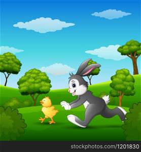Vector illustration of Happy bunny with chick playing in the park