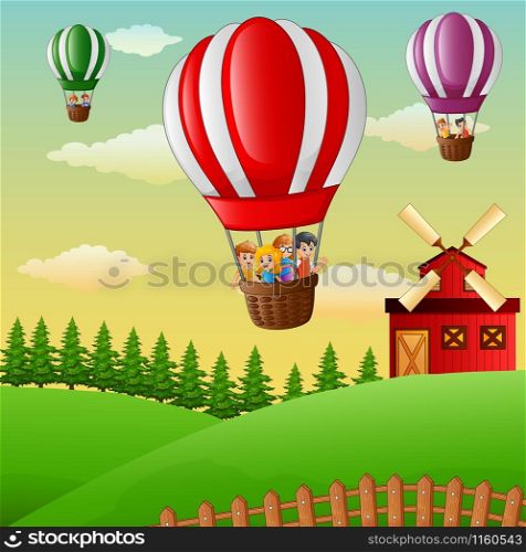 Vector illustration of Happy cartoon kids flying in a hot air balloon in the farm