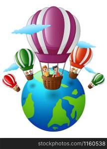 Vector illustration of Happy cartoon kids inside a hot air balloon flying over the earth