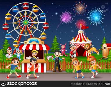 Vector illustration of Happy children and people worker at amusement park