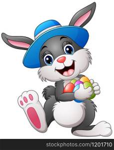 Vector illustration of Happy easter bunny wearing a hat carrying eggs