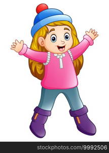 Vector illustration of Happy girl in winter clothes