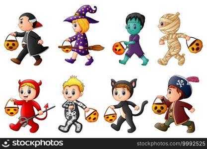 Vector illustration of Happy Halloween. Set of cute cartoon children in Halloween costumes