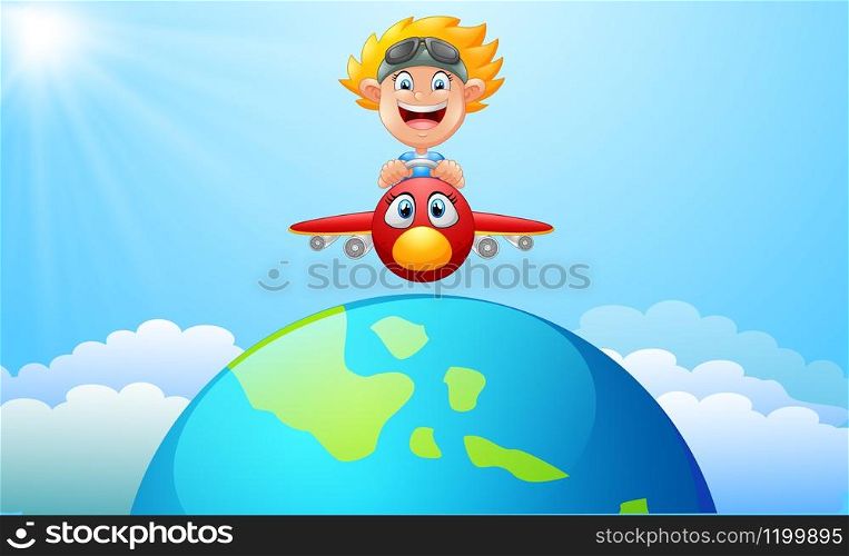 Vector illustration of Happy kid boy riding a plane
