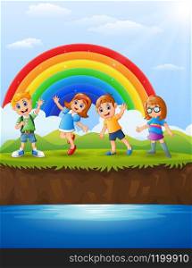 Vector illustration of Happy kids playing beside a river