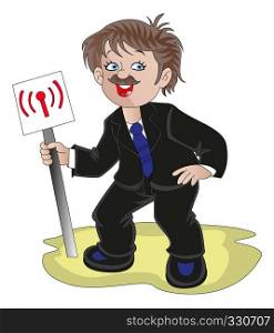 Vector illustration of happy man holding wifi signboard.