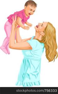 Vector illustration of happy mother lifting her cute little baby.