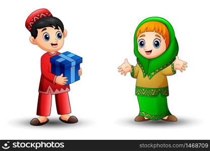 Vector illustration of Happy muslim girl cartoon can be a gift from boy