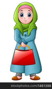 Vector illustration of Happy muslim girl holding red bag