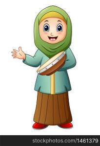 Vector illustration of Happy muslim kid cartoon playing tambourine
