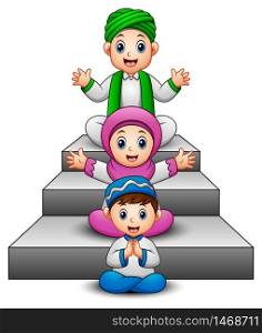Vector illustration of Happy muslim kid cartoon waving hand sitting on the stair
