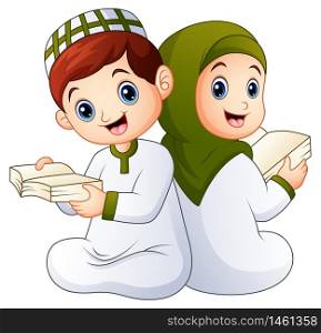 Vector illustration of Happy muslim kid holding quran