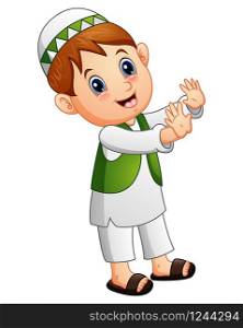 Vector illustration of Happy muslim kid waving hand