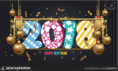 vector illustration of happy new year 2018 wallpaper gold balls and colorful