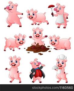 Vector illustration of Happy pig cartoon collection set