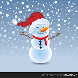 vector illustration of happy snowman with cap of santa claus