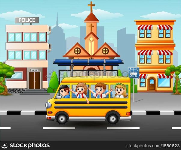 Vector illustration of Happy students riding school bus