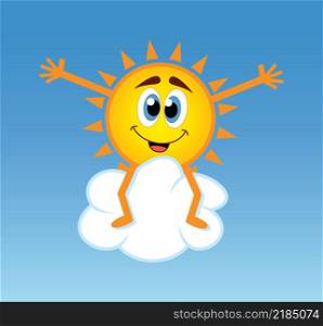 vector illustration of happy sun sitting over a cloud