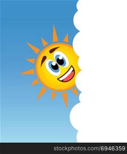vector illustration of happy sun smiling behind a cloud. summer background with white copyspace for travel illustrations
