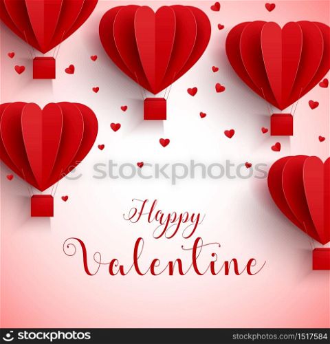 Vector illustration of Happy valentines day greetings card with realistic paper cut heart shape flying hot air balloon in red background